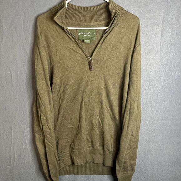 EDDIE BAUER 1/4 Zip UP‎ Mock Neck Green Cashmere Blend Sweater Men's Large Tall - Picture 1 of 9